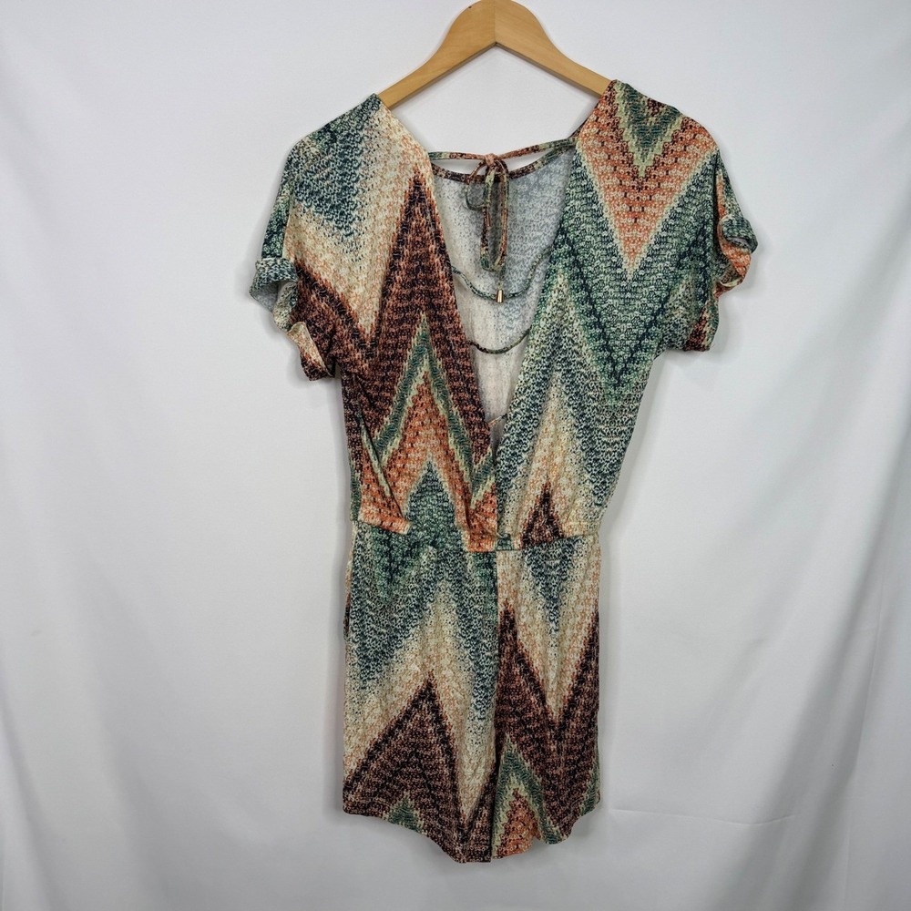 LASCANA Womens Chevron Print Open Back Romper Green Orange Size 2 - Picture 6 of 9